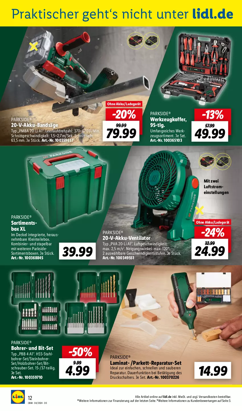 Aktueller Prospekt Lidl - Aktuelle Onlineshop-Highlights - von 01.04 bis 30.04.2024 - strona 12 - produkty: akku, auer, Bohrer-Set, Bohrerset, decke, Deckel, elle, gsw, Holz, koffer, ladegerät, laminat, LG, ndk, Parkside, säge, Schal, Ti, tisch, ventilator, werkzeug, ZTE