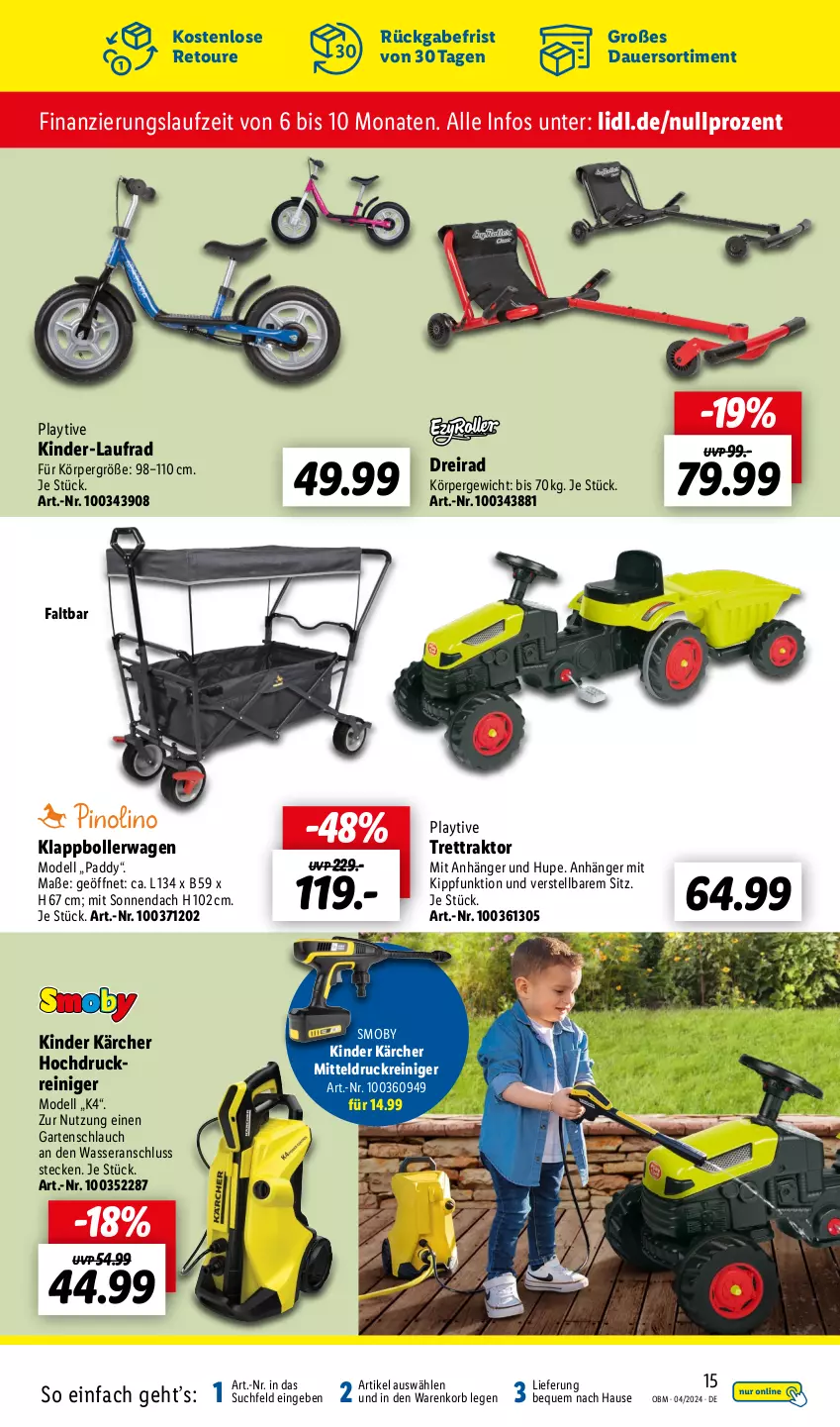 Aktueller Prospekt Lidl - Aktuelle Onlineshop-Highlights - von 01.04 bis 30.04.2024 - strona 15 - produkty: Anhänger, auer, bollerwagen, dell, Dreirad, Garten, gartenschlauch, hochdruckreiniger, Kärcher, Kinder, korb, Laufrad, Mode, reiniger, schlauch, Ti, wasser