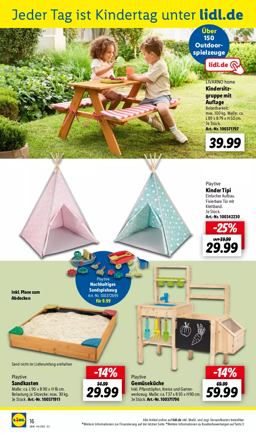 Aktueller Prospekt Lidl - Aktuelle Onlineshop-Highlights - von 01.04 bis 30.04.2024 - strona 16 - produkty: Bau, decke, eis, Garten, Kinder, Kindersitz, küche, ndk, reis, rum, Sandkasten, Sandspielzeug, spielzeug, Ti, Tipi, werkzeug, ZTE