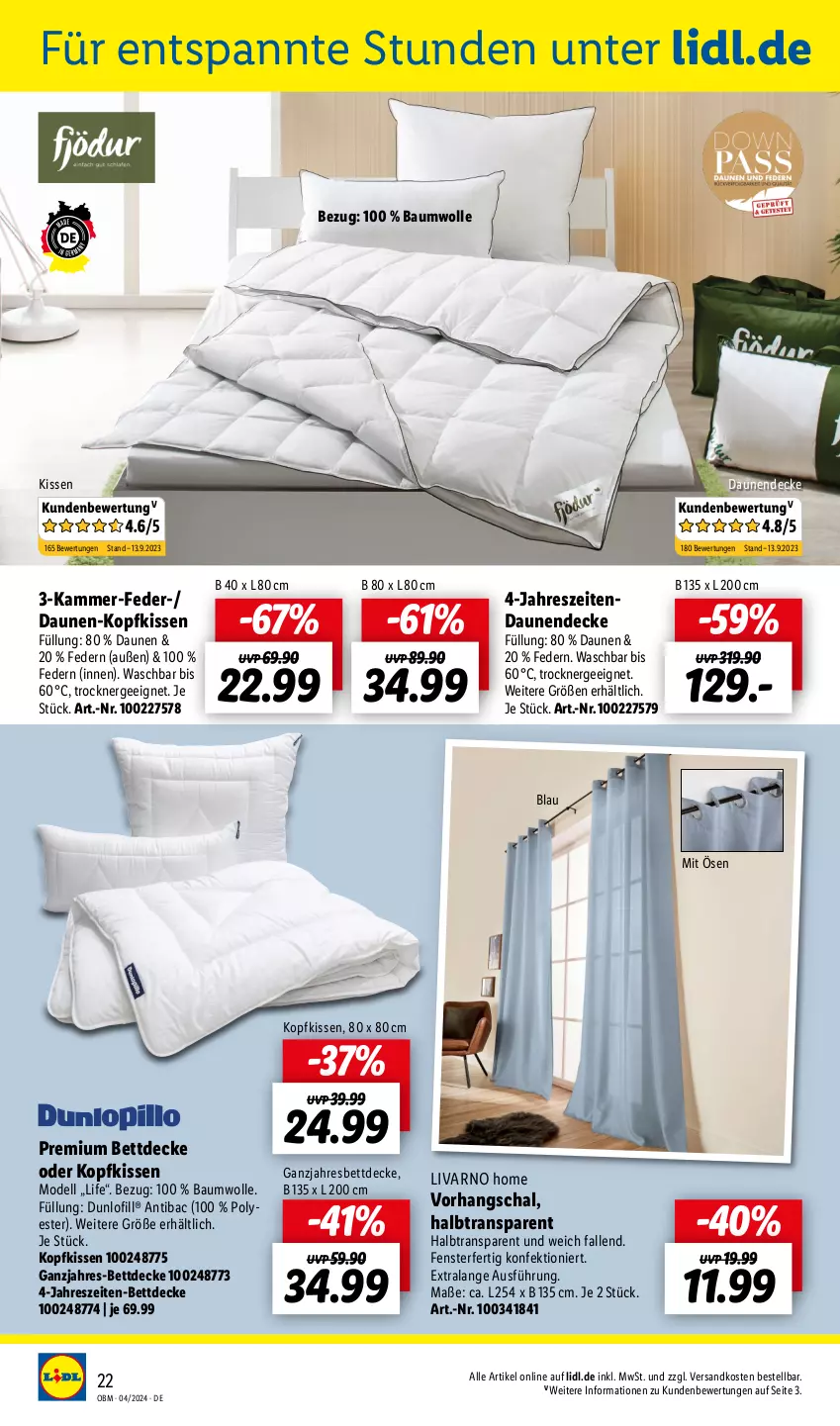 Aktueller Prospekt Lidl - Aktuelle Onlineshop-Highlights - von 01.04 bis 30.04.2024 - strona 22 - produkty: Bau, baumwolle, bett, decke, dell, Ergee, fenster, Ganzjahresbett, kissen, kopfkissen, Mode, ndk, Schal, Ti, Trockner, wolle