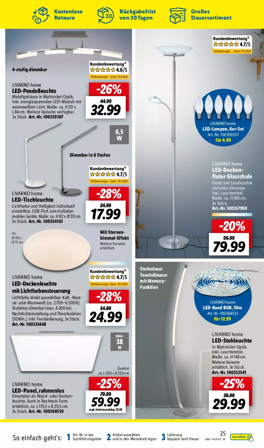 Aktueller Prospekt Lidl - Aktuelle Onlineshop-Highlights - von 01.04 bis 30.04.2024 - strona 25 - produkty: auer, decke, deckenfluter, deckenleuchte, dell, dimmer, elle, korb, Lampe, led-deckenleuchte, led-stehleuchte, led-tischleuchte, Leuchte, leuchtmittel, LG, Nachtlicht, Pendelleuchte, quad, Ria, Schal, Schale, stehleuchte, Ti, timer, tisch, tischleuchte, usb