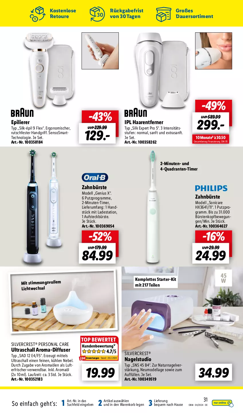 Aktueller Prospekt Lidl - Aktuelle Onlineshop-Highlights - von 01.04 bis 30.04.2024 - strona 31 - produkty: auer, bürste, bürsten, dell, Diffuser, epilierer, korb, lufterfrischer, Mode, natur, Persona, quad, rum, rwe, Schal, silvercrest, sonicare, Ti, timer, zahnbürste