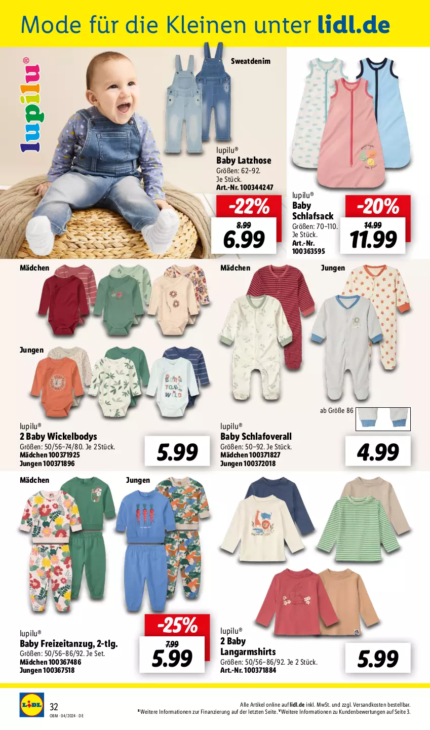 Aktueller Prospekt Lidl - Aktuelle Onlineshop-Highlights - von 01.04 bis 30.04.2024 - strona 32 - produkty: Anzug, body, hose, Langarmshirt, Latzhose, leine, LG, lupilu, Mode, ndk, Overall, sac, schlafsack, shirt, shirts, Ti, WICK, Wickelbody, ZTE