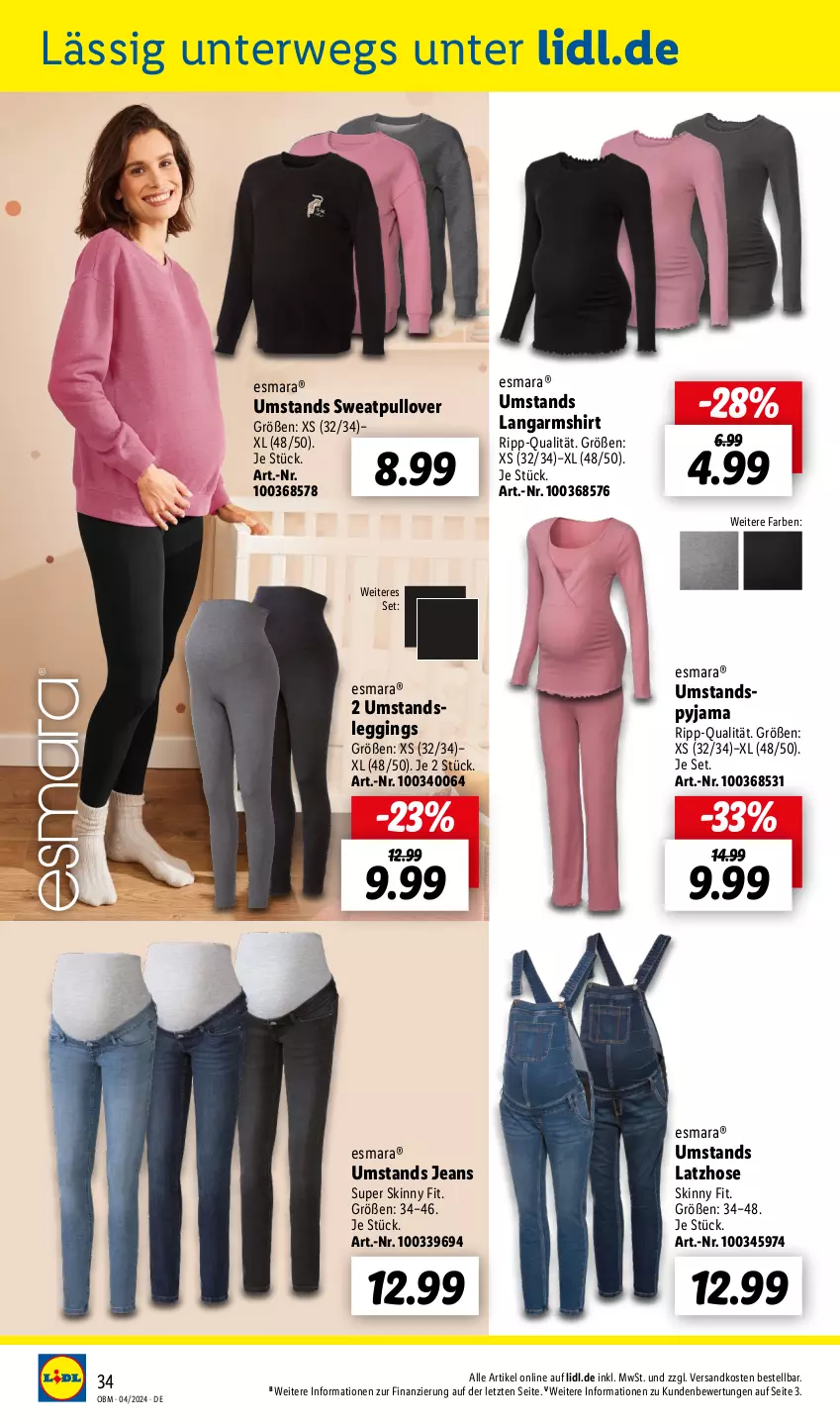 Aktueller Prospekt Lidl - Aktuelle Onlineshop-Highlights - von 01.04 bis 30.04.2024 - strona 34 - produkty: esmara, gin, hose, jeans, Langarmshirt, Latzhose, leggings, ndk, Pullover, Pyjama, rwe, shirt, Ti, ZTE