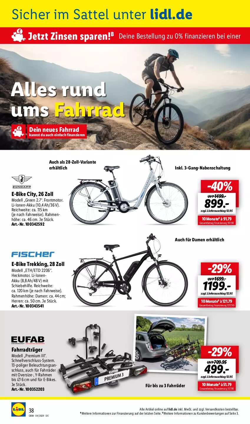 Aktueller Prospekt Lidl - Aktuelle Onlineshop-Highlights - von 01.04 bis 30.04.2024 - strona 38 - produkty: akku, beleuchtung, dell, E-Bike, E-Bikes, eis, Fahrrad, Mode, ndk, Ria, rwe, sattel, Schal, Ti, ZTE