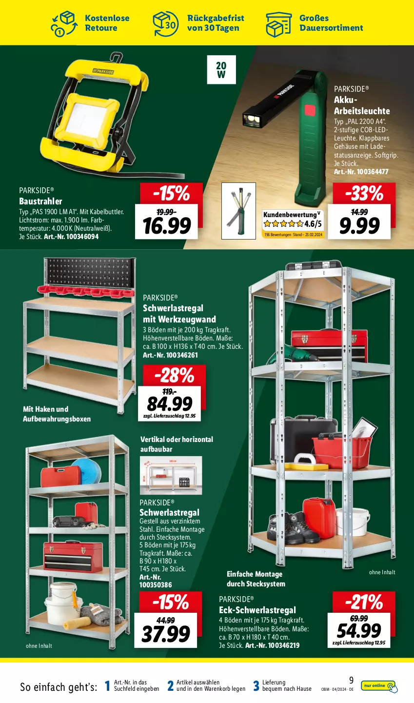 Aktueller Prospekt Lidl - Aktuelle Onlineshop-Highlights - von 01.04 bis 30.04.2024 - strona 9 - produkty: akku, Arbeitsleuchte, auer, aufbewahrungsbox, aust, Bau, korb, kraft, Leuchte, Parkside, regal, schwerlastregal, Ti, werkzeug