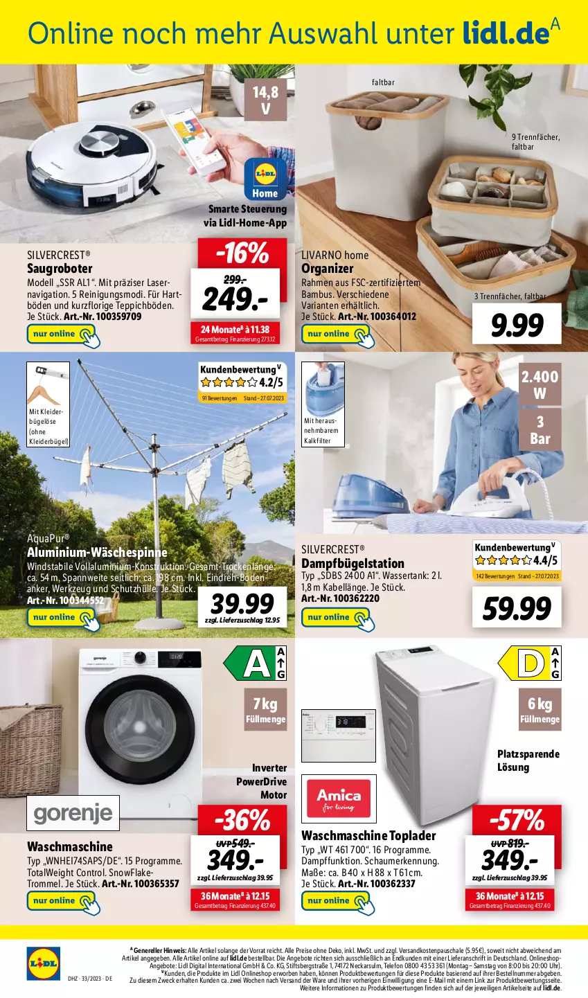 Aktueller Prospekt Lidl - Wochen-Highlights im Onlineshop - von 14.08 bis 20.08.2023 - strona 4 - produkty: angebot, angebote, aqua, AquaPur, bambus, bügel, Bügelstation, dampfbügelstation, dell, eis, elle, kleid, kleider, kleiderbügel, Mode, ndk, Reinigung, reis, rel, Ria, Saugroboter, Schal, Schale, schutzhülle, silvercrest, telefon, teppich, Ti, Toplader, trommel, uhr, wäschespinne, waschmaschine, wasser, wassertank, weck, werkzeug