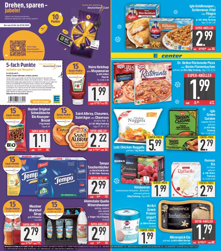 Aktueller Prospekt E Center - Angebote der Woche - von 24.04 bis 29.04.2023 - strona 10 - produkty: albray, Alwa, Becher, beere, beeren, beutel, bio, brezel, butter, chaumes, chavroux, chicken nuggets, coupon, coupons, deka, deutschlandcard, Dr. Oetker, eis, elle, ente, erde, ferrero, filegro, filet, flammkuchen, flasche, Frozen Yogurt, gin, heinz, himbeer, himbeere, himbeeren, huober, iglo, ketchup, kuchen, lamm, LG, margarine, Mautner, mayonnaise, Mett, mineralwasser, mövenpick, mövenpick eis, natur, nuggets, pizza, reis, rel, ring, ristorante, ristorante pizza, rwe, Saint Agur, saint albray, schlemmer-filet, sirup, super-knüller, Tasche, taschen, taschentücher, Tempo, Ti, tücher, wasser, Yo, ZTE