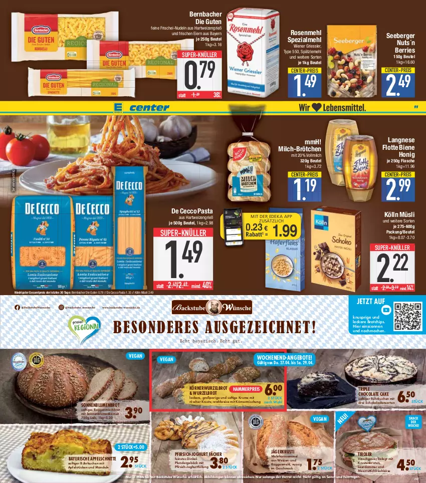 Aktueller Prospekt E Center - Angebote der Woche - von 24.04 bis 29.04.2023 - strona 11 - produkty: angebot, angebote, apfel, auer, Berger, bernbacher, beutel, blume, blumen, braten, brot, brötchen, chips, cola, coupon, De Cecco, deka, ecco, eier, eis, ente, flasche, frischei-nudeln, frischkäse, hartweizen, honig, joghur, joghurt, Käse, kölln, korn, krustenbraten, kuchen, langnese, leerdammer, mac, mandel, mandeln, meerrettich, mehl, milch, müsli, nudel, nudeln, nuss, pasta, pfirsich, Plunder, reis, Rettich, rosen, Rosenmehl, rum, saft, schoko, schokolade, schokoladen, seeberger, Semmel, sonnenblume, sonnenblumen, Sonnenblumenbrot, Sonnenblumenkerne, sonnenblumenkernen, Spätzlemehl, Spezi, stube, super-knüller, Ti, vollmilch, wiener, ZTE