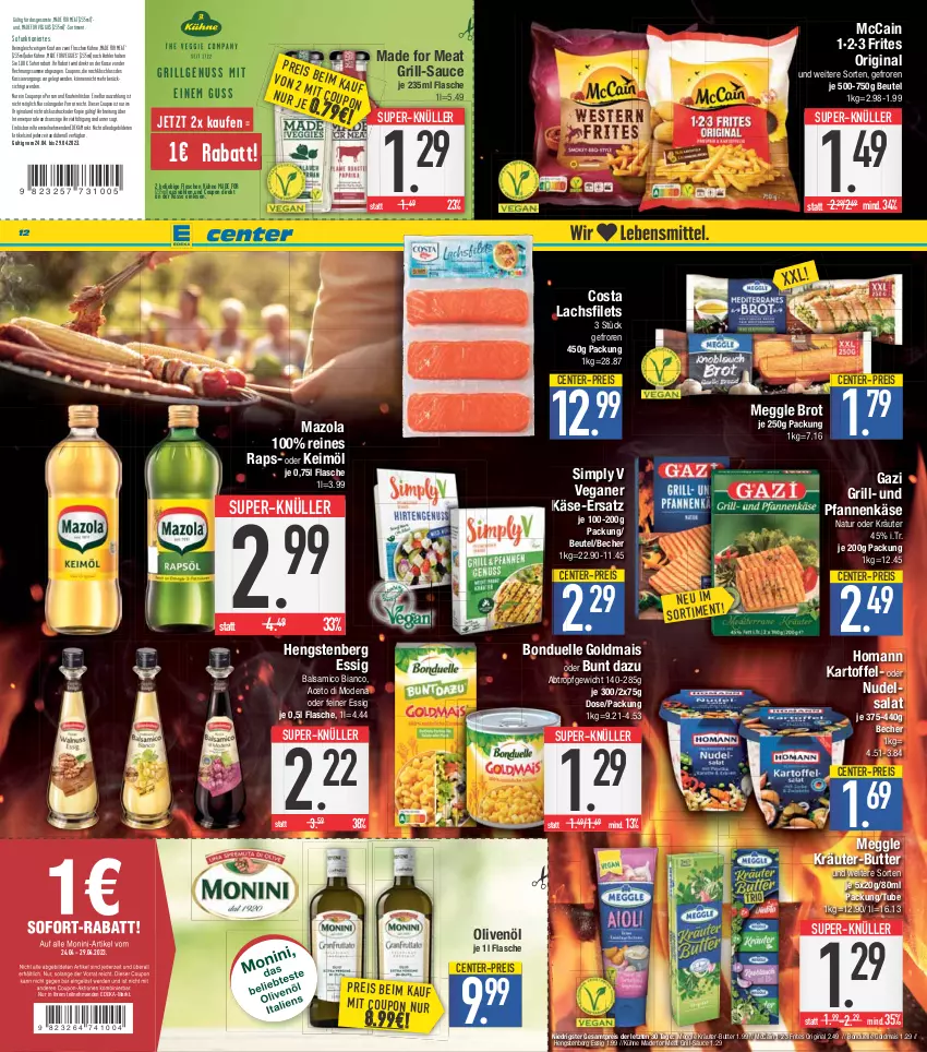 Aktueller Prospekt E Center - Angebote der Woche - von 24.04 bis 29.04.2023 - strona 12 - produkty: aceto, balsam, balsamico, balsamico bianco, Becher, beutel, bonduelle, bonduelle goldmais, Brei, brot, butter, coupon, coupons, deka, eis, elle, ente, erde, essig, filet, filets, flasche, gin, Goldmais, goldmais oder, grill, hengstenberg, homann, kartoffel, Käse, keimöl, kräuter, kräuter-butter, Kühne, lachs, lachsfilet, lachsfilets, LG, mais, mazola, mccain, meggle, Mode, natur, nudel, nudelsalat, oder kräuter, olive, oliven, olivenöl, pfanne, pfannen, pfannenkäse, reis, salat, sauce, sim, sofortrabatt, super-knüller, Ti, und pfanne, veggie, ZTE