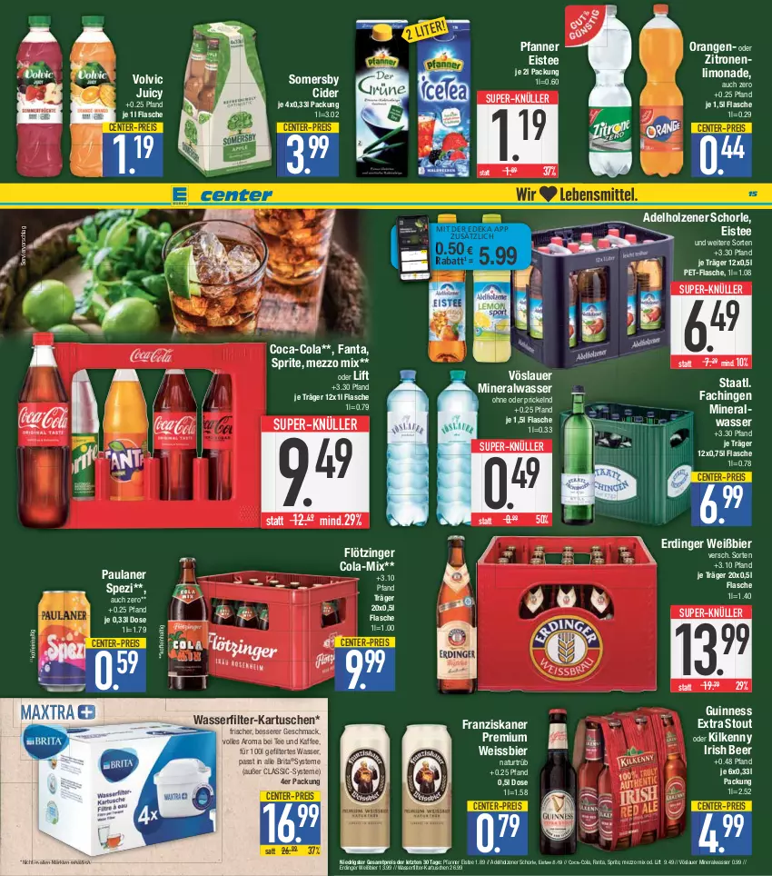 Aktueller Prospekt E Center - Angebote der Woche - von 24.04 bis 29.04.2023 - strona 15 - produkty: adelholzener, Alwa, auer, bier, brita, cider, coca-cola, cola, coupon, deka, eis, eistee, ente, erdinger, fanta, flasche, franziskaner, Guinness, Holz, kaffee, Kilkenny, limo, limonade, mac, Mezzo Mix, mineralwasser, natur, nuss, orange, orangen, Paula, paulaner, pet-flasche, pfanne, Pfanner, reis, schorle, somersby, Spezi, sprite, Staatl. Fachingen, super-knüller, tee, Ti, volvic, vöslauer, wasser, wasserfilter, weissbier, zitrone, zitronen, ZTE