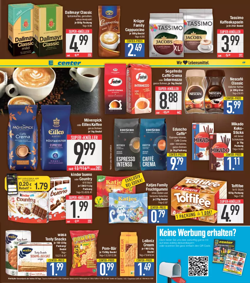 Aktueller Prospekt E Center - Angebote der Woche - von 24.04 bis 29.04.2023 - strona 17 - produkty: beutel, bohne, bohnen, caffè crema, Cap, cappuccino, cin, coupon, dallmayr, deka, eduscho, eis, Elan, ente, espresso, frucht, fruchtgummi, intenso, intermezzo, kaffee, kaffee ganze bohnen, kaffeekapseln, katjes, keks, Kinder, kinder bueno, krüger, leibniz, löslicher kaffee, mikado, mövenpick, Nescafé, nuss, pom-bär, reis, Ria, schoko, schokolade, Segafredo, sim, snack, snacks, super-knüller, tassimo, Ti, toffifee, wasa, ZTE