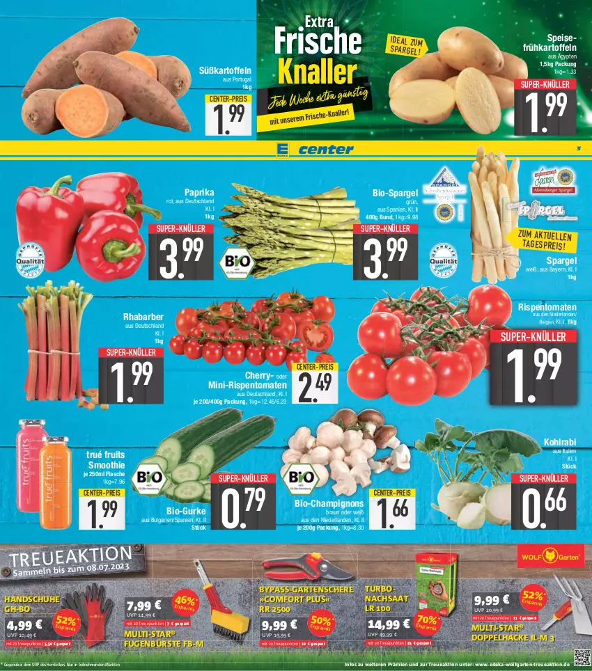 Aktueller Prospekt E Center - Angebote der Woche - von 24.04 bis 29.04.2023 - strona 3 - produkty: bio, Bona, braun, bürste, champignon, champignons, champignons braun, deka, eis, elle, ente, flasche, Frühkartoffeln, Fugenbürste, Garten, Gartenschere, gurke, handschuhe, kartoffel, kartoffeln, kohlrabi, LG, mini-rispentomaten, paprika, reis, rhabarber, rispentomaten, Schere, schuhe, smoothie, spargel, speisefrühkartoffeln, super-knüller, Süßkartoffeln, teller, Ti, tomate, tomaten, wolfgarten