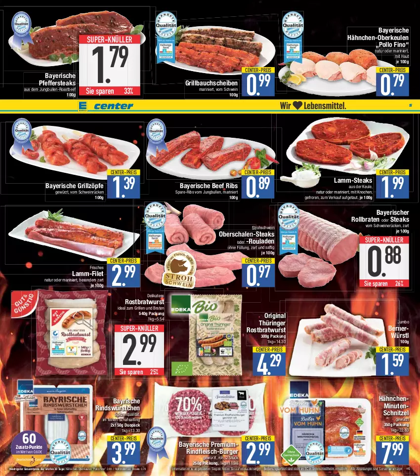 Aktueller Prospekt E Center - Angebote der Woche - von 24.04 bis 29.04.2023 - strona 5 - produkty: Bau, bauchscheiben, beef, Bernerwürstl, braten, bratwurst, burger, deka, eis, ente, filet, fleisch, gewürz, gin, grill, Grillbauch, Hähnchen-Oberkeulen, ideal zum grillen, jumbo, jungbullen, lamm, minutenschnitzel, natur, original thüringer, pfeffer, Pollo Fino, reis, rind, rindfleisch, ring, roastbeef, rollbraten, rostbratwurst, rouladen, saft, Schal, Schale, schnitzel, schwein, schweine, schweinerücken, spitzenqualität, steak, steaks, super-knüller, thüringer rostbratwurst, Ti, wein, weine, wurst, würstchen, ZTE