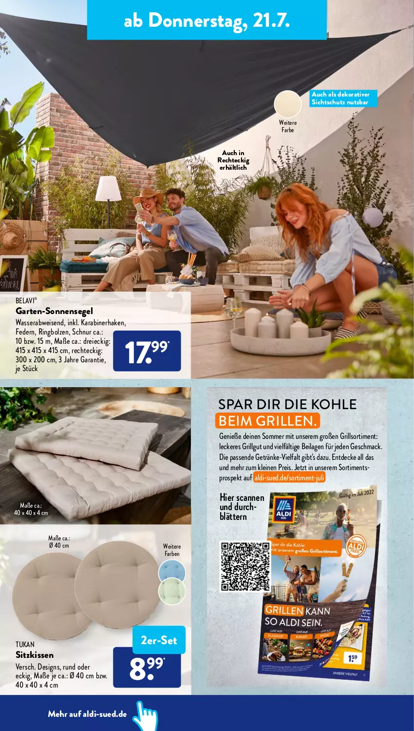 Aktueller Prospekt AldiSud - NÄCHSTE WOCHE - von 18.07 bis 23.07.2022 - strona 16 - produkty: aldi, decke, eis, Garten, getränk, getränke, grill, ilag, kissen, leine, LG, mac, reis, sitzkissen, sonnensegel, Ti, wasser