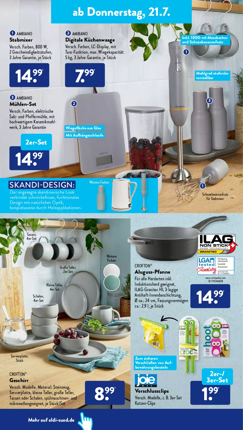 Aktueller Prospekt AldiSud - NÄCHSTE WOCHE - von 18.07 bis 23.07.2022 - strona 20 - produkty: aldi, Aluguss-Pfanne, ambia, Becher, beutel, Crofton, crofton®, dell, eis, elle, geschirr, gin, herdarten, Holz, ilag, küche, Küchen, Küchenwaage, latte, leine, LG, Messbecher, mikrowelle, Mixer, Mode, pfanne, pfeffer, Pfeffermühle, rel, Ria, salz, Schal, Schale, Schneebesen, spülmaschinen, stabmixer, tasse, teller, Ti, Waage