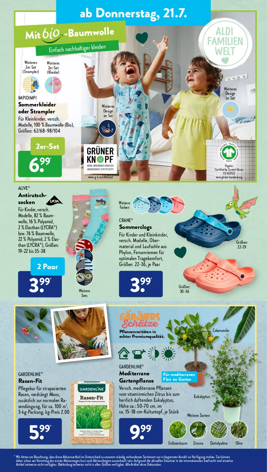 Aktueller Prospekt AldiSud - NÄCHSTE WOCHE - von 18.07 bis 23.07.2022 - strona 23 - produkty: aldi, alle artikel ohne dekoration, Bau, baumwolle, bio, Clogs, dekoration, dell, eis, elle, gardenline®, Garten, Gartenpflanze, gin, Hylo, Kinder, kleid, kleider, Kleidung, kulturtopf, Mode, olive, pflanze, pflanzen, rasen, reis, Ria, socken, Sommerkleid, Strampler, Ti, topf, vita, wolle, zitrone, ZTE