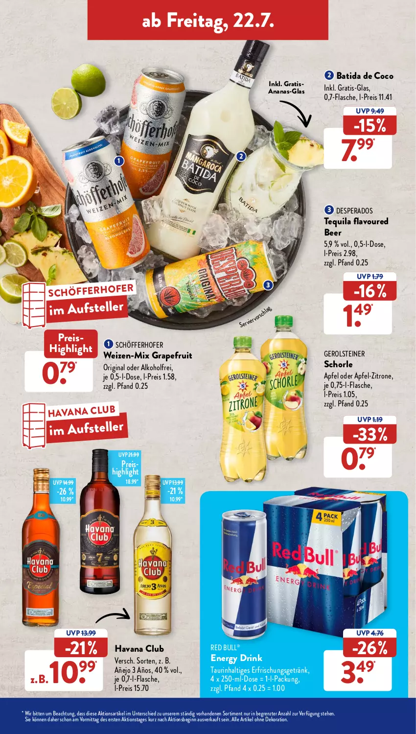 Aktueller Prospekt AldiSud - NÄCHSTE WOCHE - von 18.07 bis 23.07.2022 - strona 25 - produkty: alkohol, alle artikel ohne dekoration, ananas, apfel, batida, dekoration, desperados, drink, eis, elle, energy drink, erfrischungsgetränk, flasche, gerolsteine, gerolsteiner, getränk, gin, grapefruit, Havana Club, isana, red bull, reis, sana, schöfferhofer, schorle, steiner, teller, tequila, Ti, zitrone, ZTE