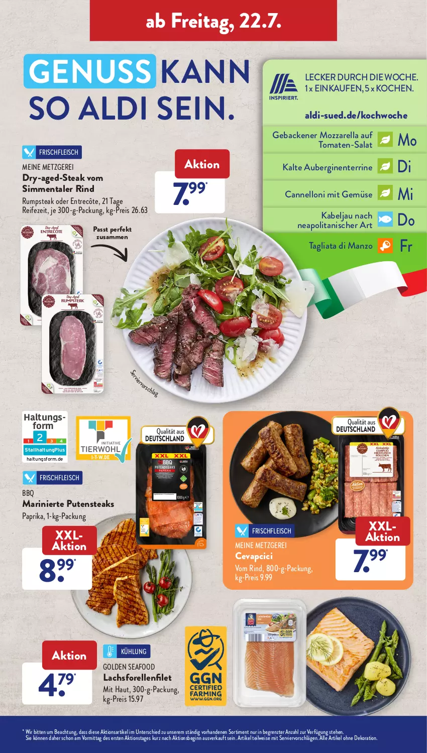 Aktueller Prospekt AldiSud - NÄCHSTE WOCHE - von 18.07 bis 23.07.2022 - strona 27 - produkty: aldi, alle artikel ohne dekoration, aubergine, auberginen, cevapcici, dekoration, eis, elle, ente, filet, fleisch, forelle, geback, gin, lachs, mit gemüse, mozzarella, nuss, paprika, pute, putensteaks, reis, rel, rind, rum, rumpsteak, salat, sim, steak, steaks, terrine, Ti, tomate, tomaten, ZTE