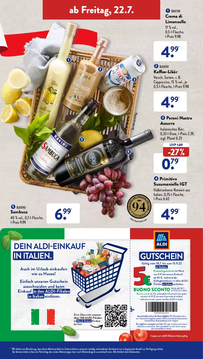 Aktueller Prospekt AldiSud - NÄCHSTE WOCHE - von 18.07 bis 23.07.2022 - strona 31 - produkty: aldi, alle artikel ohne dekoration, amaro, auer, bier, Cap, cappuccino, cin, coupon, dekoration, eis, erde, flasche, gin, gutschein, gutscheine, kaffee, likör, limo, Peroni, primitivo, reis, rotwein, sambuca, Ti, wein, ZTE