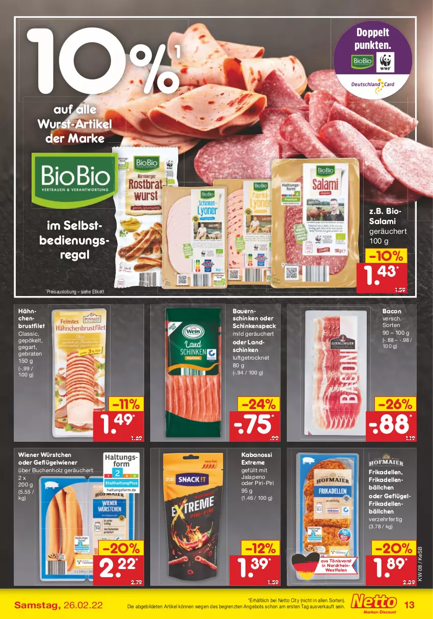 Aktueller Prospekt Netto Marken-Discount - Filial-Angebote - von 21.02 bis 26.02.2022 - strona 13 - produkty: angebot, auer, bacon, Bau, Bauer, Bauernschinken, bio, braten, brustfilet, buch, dell, eis, elle, filet, frikadellen, Geflügel, hähnchenbrust, hähnchenbrustfilet, Holz, kabanos, landschinken, regal, reis, salami, schinken, schinkenspeck, Speck, Ti, wiener, wiener würstchen, wurst, würstchen, ZTE