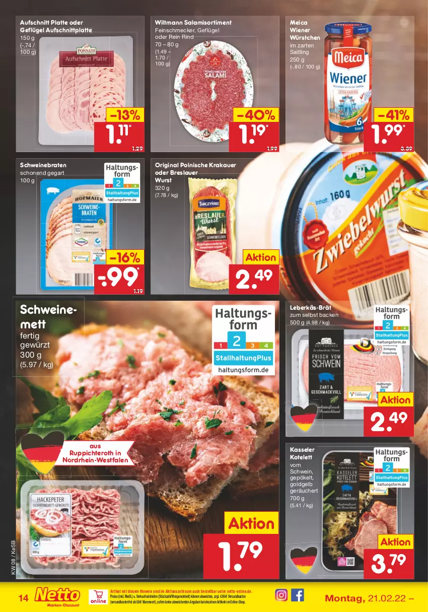 Aktueller Prospekt Netto Marken-Discount - Filial-Angebote - von 21.02 bis 26.02.2022 - strona 14 - produkty: auer, aufschnitt, braten, eis, feinschmecker, Geflügel, gewürz, gin, im zarten saitling, kasseler, kotelett, krakauer, latte, leberkäs, meica, Mett, ndk, reis, rind, salami, schwein, schweine, schweinebraten, schweinemett, Ti, versandkostenfrei, wein, weine, wiener, wiener würstchen, wiltmann, wurst, würstchen