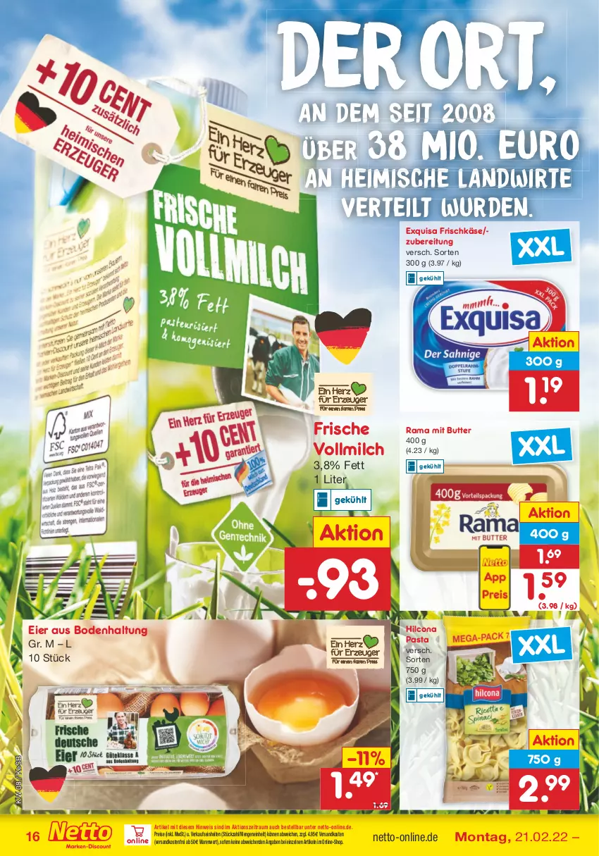 Aktueller Prospekt Netto Marken-Discount - Filial-Angebote - von 21.02 bis 26.02.2022 - strona 16 - produkty: butter, eier, eis, exquisa, exquisa frischkäse, frischkäse, hilcona, Käse, milch, ndk, pasta, rama, reis, Ti, versandkostenfrei, vollmilch