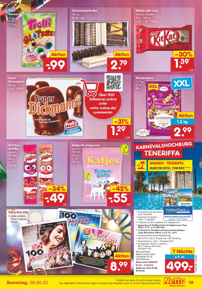 Aktueller Prospekt Netto Marken-Discount - Filial-Angebote - von 21.02 bis 26.02.2022 - strona 19 - produkty: angebot, aust, Berger, bonbons, eis, frucht, fruchtgummi, katjes, Kaustreifen, kitkat, lion, Meerwasser, pril, reifen, reis, reiseveranstalter, Ti, trolli, uhr, wasser, ZTE