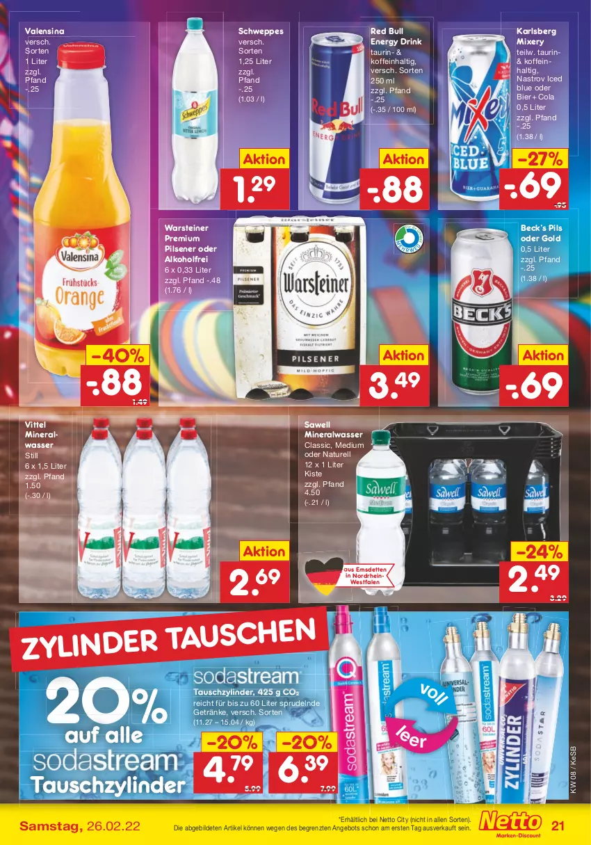 Aktueller Prospekt Netto Marken-Discount - Filial-Angebote - von 21.02 bis 26.02.2022 - strona 21 - produkty: alkohol, Alwa, angebot, bier, cola, drink, energy drink, getränk, getränke, karlsberg, karlsberg mixery, mineralwasser, Mineralwasser Classic, Mixer, mixery, natur, pils, pilsener, premium pils, red bull, rel, schweppes, Sprudel, steiner, Ti, valensina, vittel, warsteiner, wasser, ZTE