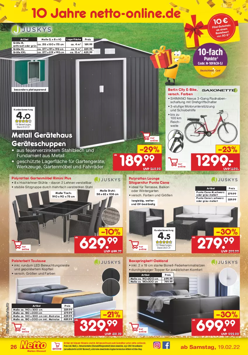 Aktueller Prospekt Netto Marken-Discount - Filial-Angebote - von 21.02 bis 26.02.2022 - strona 26 - produkty: beleuchtung, bett, boxspringbett, drehgriffschalter, E-Bike, eis, federkern, federkernmatratze, garnitur, Garten, gartenmöbel, kernmatratze, matratze, matratzen, mit drehgriffschalter, möbel, ndk, nexus, polsterbett, reis, ring, Schal, shimano, stuhl, Stühl, Ti, tisch, topper, versandkostenfrei, werkzeug, werkzeuge, ZTE