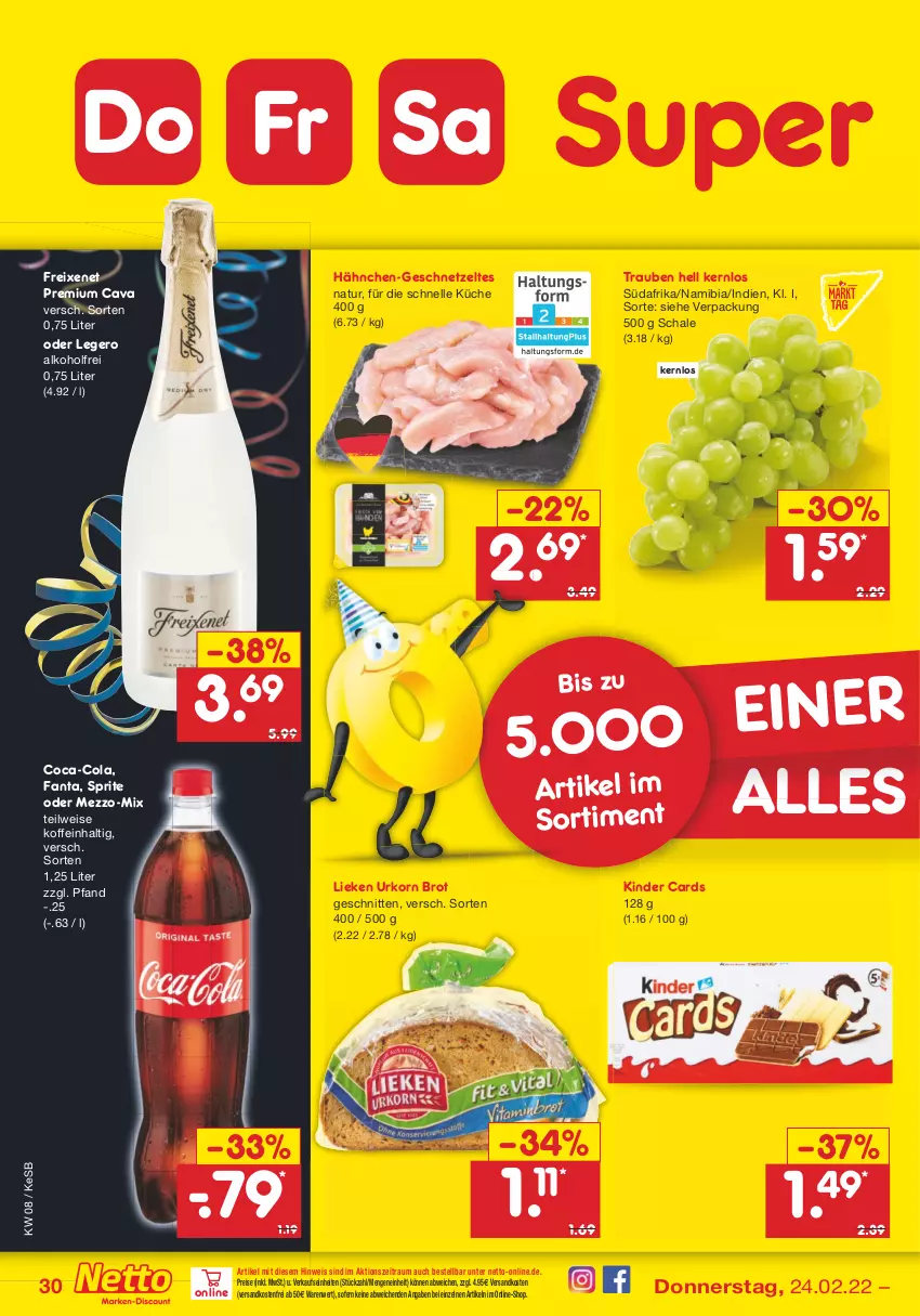 Aktueller Prospekt Netto Marken-Discount - Filial-Angebote - von 21.02 bis 26.02.2022 - strona 30 - produkty: alkohol, brot, Cava, coca-cola, cola, eis, elle, fanta, freixenet, geschnetzeltes, Kinder, korn, küche, lieken, natur, ndk, reis, Schal, Schale, schnitten, sprite, Ti, trauben, urkorn, versandkostenfrei, Zelt