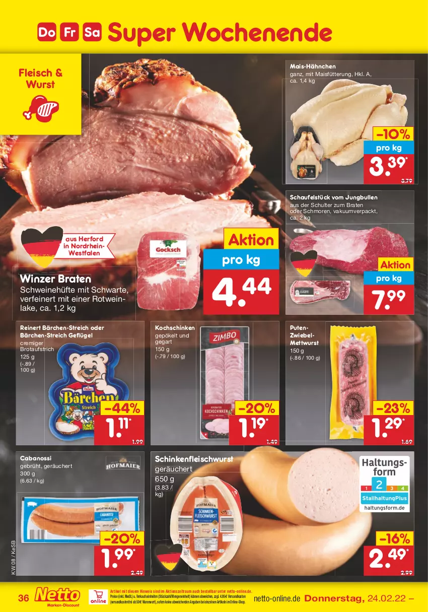 Aktueller Prospekt Netto Marken-Discount - Filial-Angebote - von 21.02 bis 26.02.2022 - strona 36 - produkty: aufstrich, braten, brot, brotaufstrich, Cabanossi, eis, fleisch, fleischwurst, Geflügel, jungbullen, kochschinken, mais, Mett, mettwurst, ndk, pute, reinert, reis, rotwein, schinken, schinkenfleischwurst, schwein, schweine, Ti, versandkostenfrei, wein, weine, wurst, zwiebel, zwiebelmettwurst