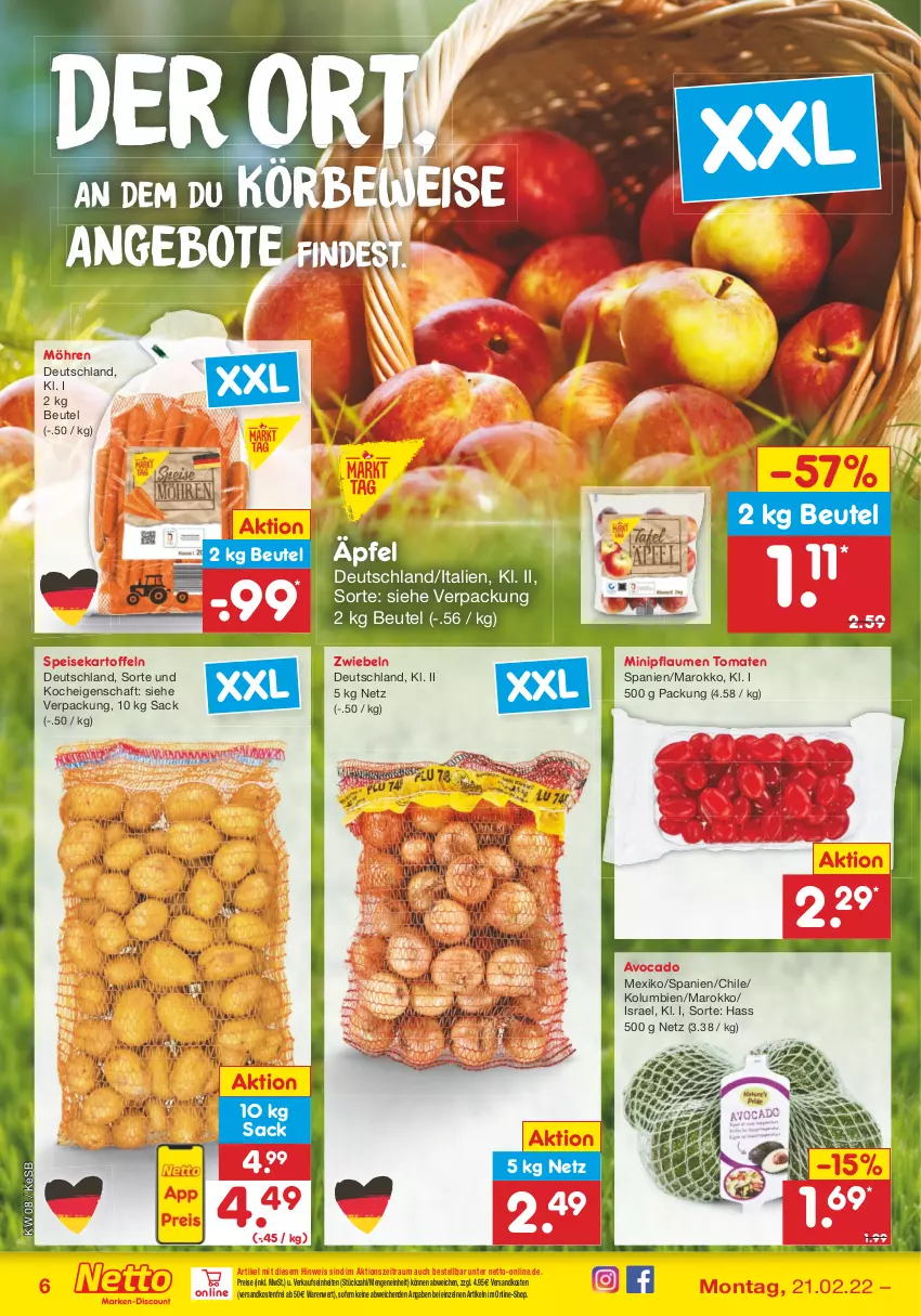 Aktueller Prospekt Netto Marken-Discount - Filial-Angebote - von 21.02 bis 26.02.2022 - strona 6 - produkty: angebot, angebote, avocado, beutel, eis, kartoffel, kartoffeln, möhren, ndk, pflaume, pflaumen, reis, sac, speisekartoffeln, Ti, tomate, tomaten, versandkostenfrei, zwiebel, zwiebeln