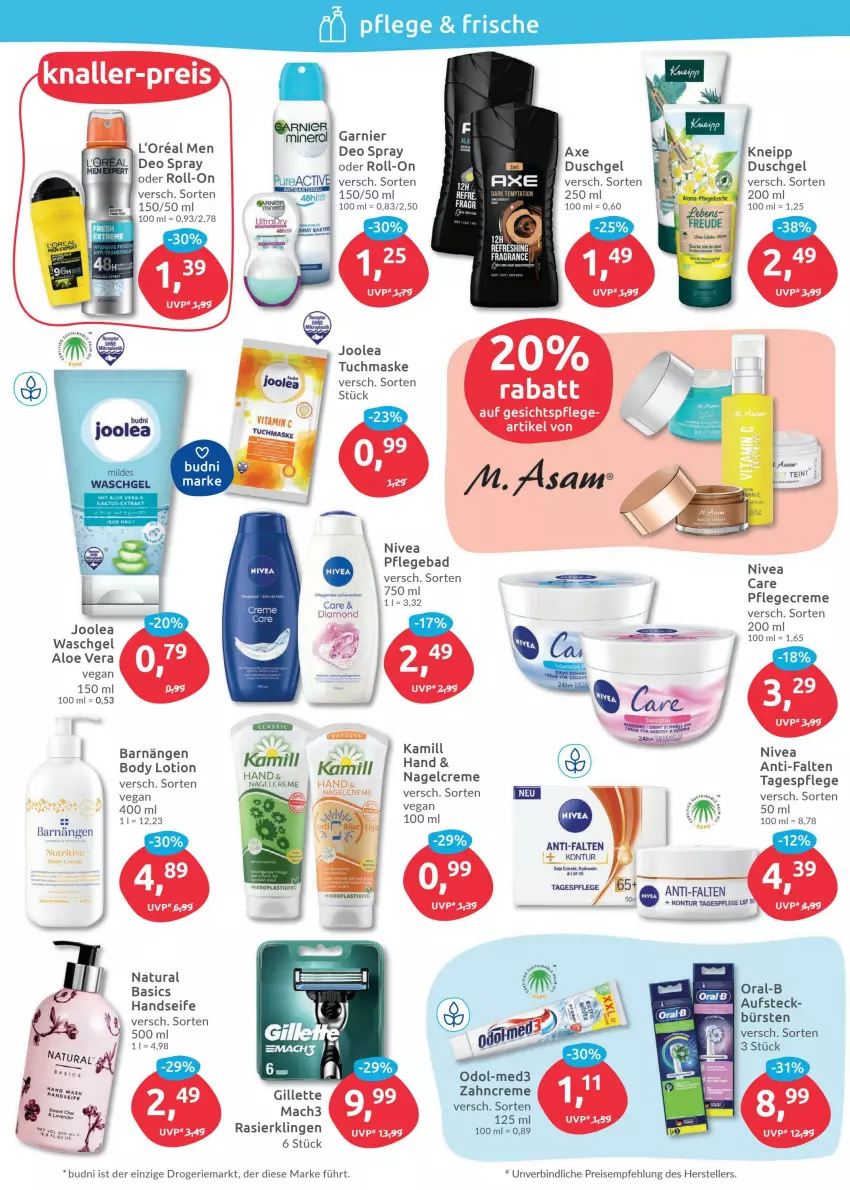 Aktueller Prospekt Budni - Prospekte - von 14.03 bis 19.03.2022 - strona 2 - produkty: aloe vera, axe, Bad, body, body lotion, bürste, bürsten, creme, deo, deo spray, duschgel, eis, elle, Finish, garnier, gillette, Handseife, Kamill, kneipp, Lotion, mac, mach3, Maske, natur, natura, nivea, Odol, oral-b, Rasierklinge, rasierklingen, reis, roll-on, Seife, Tagespflege, teller, Ti, tuc, tuchmaske, waschgel, zahncreme