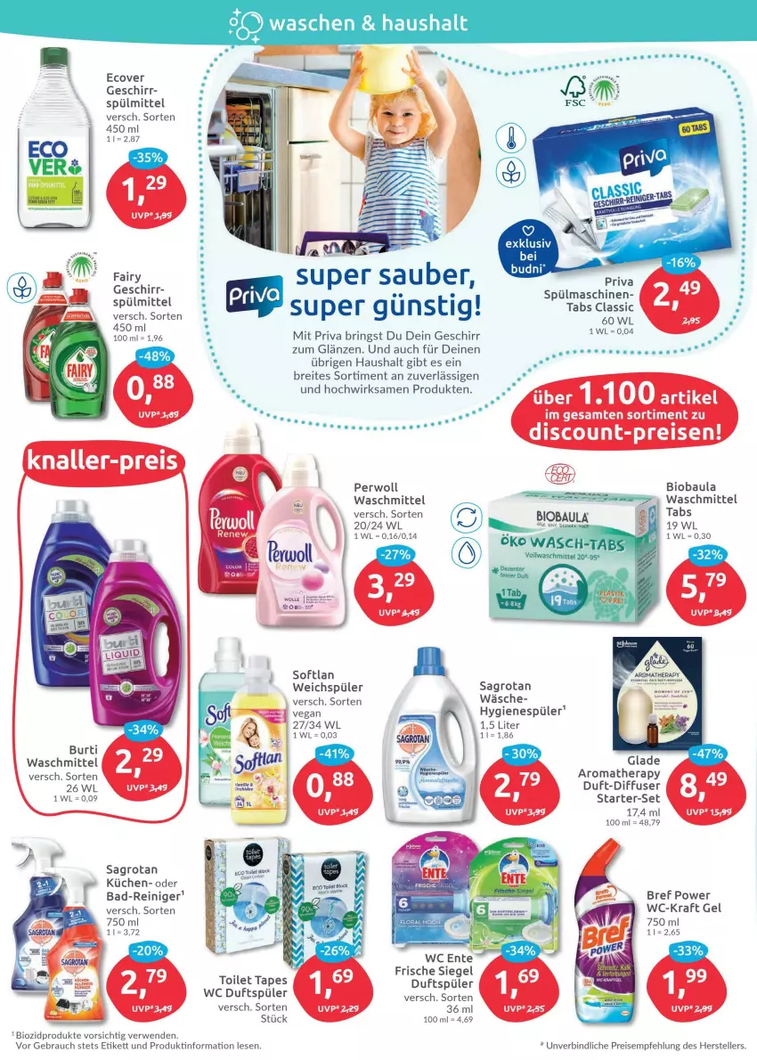 Aktueller Prospekt Budni - Prospekte - von 14.03 bis 19.03.2022 - strona 4 - produkty: Bad, Bad-Reiniger, Bau, bio, biozidprodukte, Bref, bref power, Brei, burti, Diffuser, discount, eis, elle, fairy, geschirr, Glade, hygienespüler, kraft, küche, Küchen, perwoll, Rauch, reiniger, reis, ring, rwe, sagrotan, Softlan, spülmittel, teller, Ti, uhr, vollwaschmittel, waschmittel, weichspüler