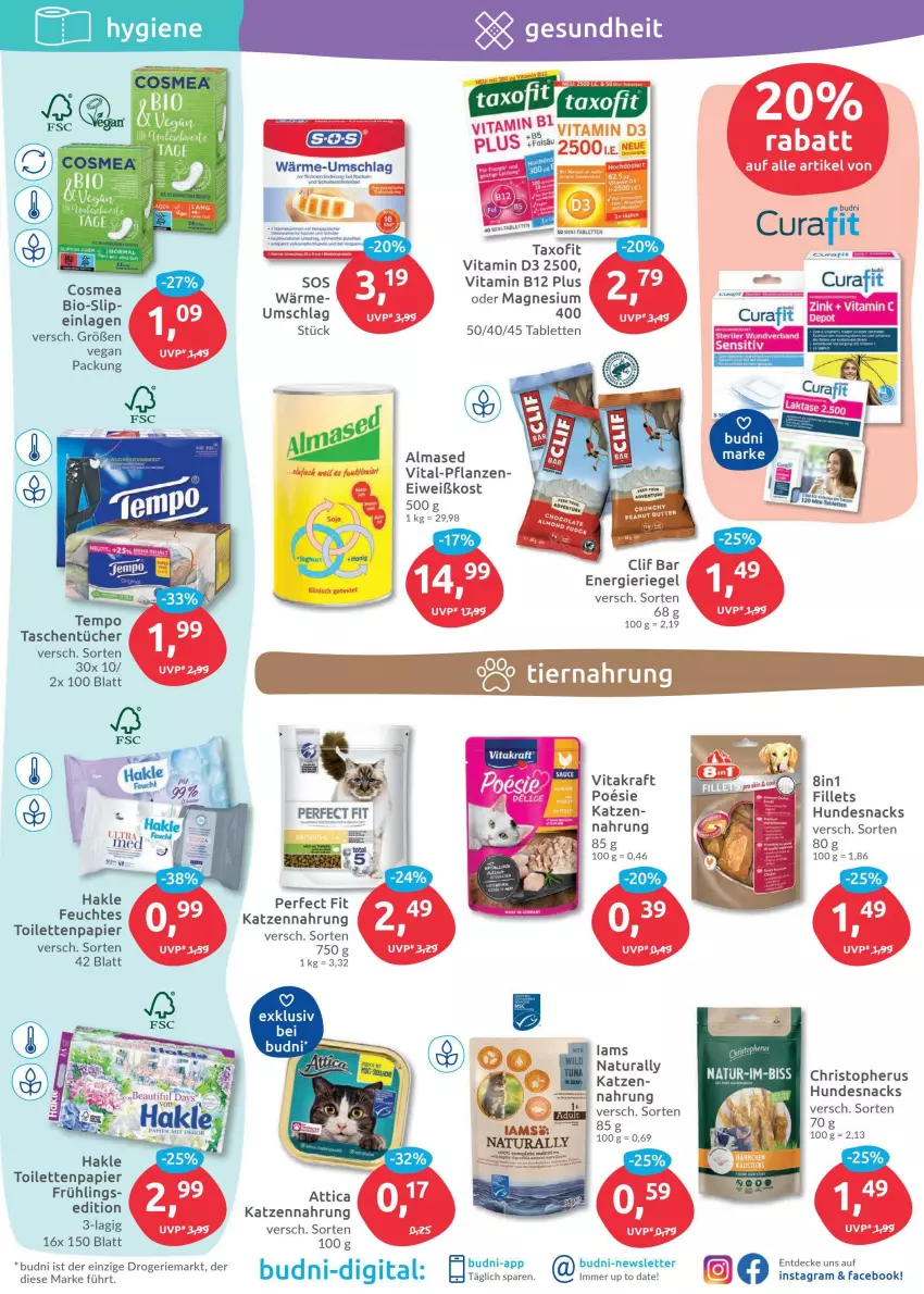 Aktueller Prospekt Budni - Prospekte - von 14.03 bis 19.03.2022 - strona 5 - produkty: Almased, decke, hakle, hundesnack, hundesnacks, katzennahrung, kraft, magnesium, natur, natura, papier, Perfect Fit, pflanze, pflanzen, riegel, snack, snacks, tablet, tablett, Tablette, Tasche, taschen, taschentücher, tee, Ti, toilettenpapier, tücher, vita, vitakraft, Vitamin B, Vitamin D