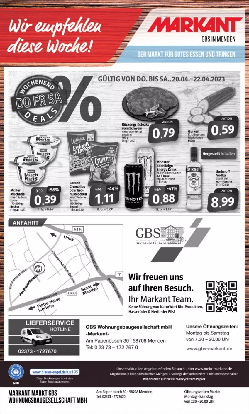 Aktueller Prospekt Markant - Prospekte - von 17.04 bis 22.04.2023 - strona 12 - produkty: angebot, angebote, Bau, Bebe, bio, brot, drink, elle, energy drink, erde, gewürz, hasseröder, lieferservice, natur, pils, rwe, schwein, Ti, uhr, wein