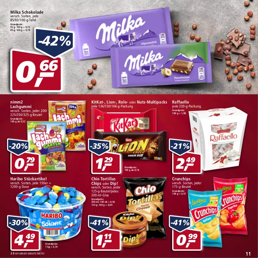 Aktueller Prospekt Real - von 16.05 bis 21.05.2022 - strona 11 - produkty: beutel, chips, crunchips, dip, eis, haribo, kitkat, lachgummi, lion, milka, milka schokolade, nimm2, raffaello, reis, schoko, schokolade, Ti, tortilla, tortillas