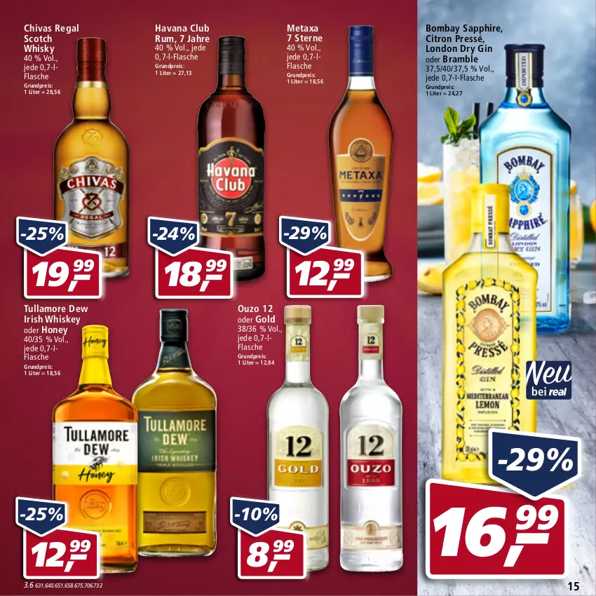 Aktueller Prospekt Real - von 16.05 bis 21.05.2022 - strona 15 - produkty: bombay sapphire, dry gin, eis, flasche, gin, Havana Club, irish whiskey, london dry, london dry gin, Metaxa, ouzo, ouzo 12, regal, reis, rum, sapphire, scotch, scotch whisky, tullamore, tullamore dew, whiskey, whisky