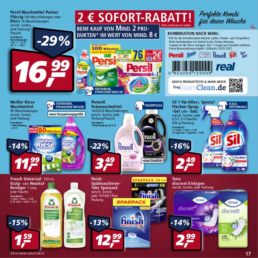 Aktueller Prospekt Real - von 16.05 bis 21.05.2022 - strona 17 - produkty: bier, coupon, Discreet, eis, essig, feinwaschmittel, Finish, flasche, Frosch, henkel, persil, persil waschmittel, perwoll, reiniger, reis, salz, sofort-rabatt, Spezi, spülmaschinen, spülmaschinentabs, Ti, Tiere, waschmittel