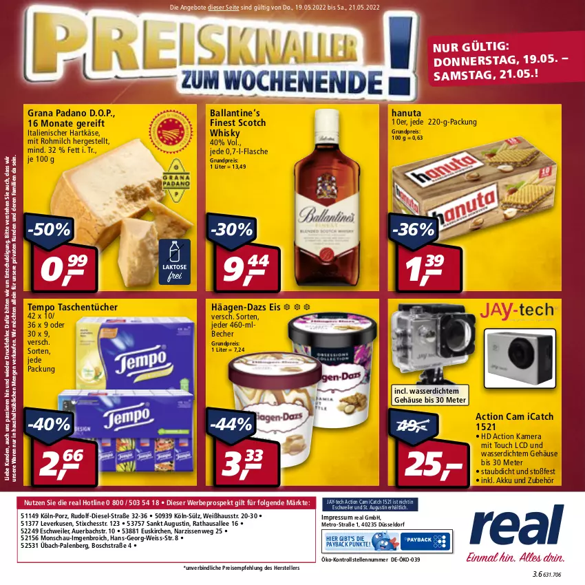 Aktueller Prospekt Real - von 16.05 bis 21.05.2022 - strona 24 - produkty: akku, angebot, angebote, auer, ball, Becher, bosch, Diesel, eis, elle, flasche, grana, grana padano, häagen-dazs, hanuta, hartkäse, italienischer hartkäse, kamera, Käse, LG, Metro, milch, Narzissen, padano, payback, Rana, reis, scotch, scotch whisky, Tasche, taschen, taschentücher, teller, Tempo, Ti, tücher, wasser, whisky