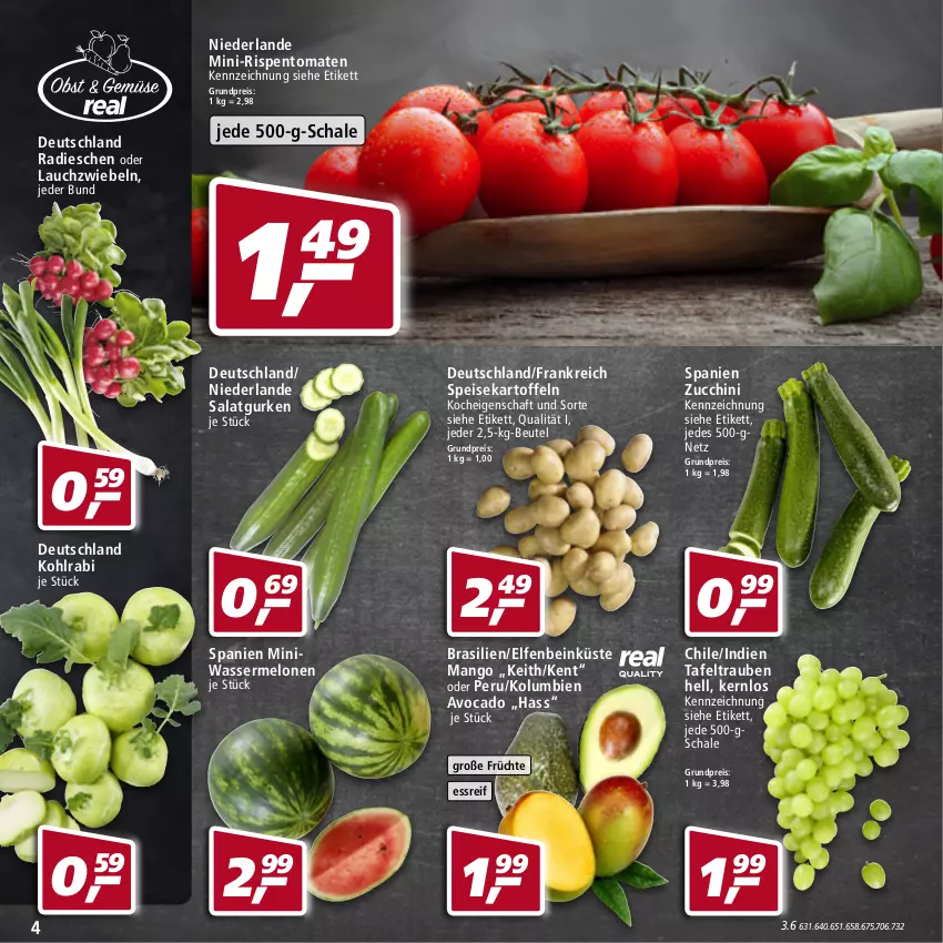 Aktueller Prospekt Real - von 16.05 bis 21.05.2022 - strona 4 - produkty: avocado, beutel, eis, früchte, gurke, gurken, kartoffel, kartoffeln, kohlrabi, Lauchzwiebel, lauchzwiebeln, mango, melone, melonen, mini-rispentomaten, radieschen, reis, rispentomaten, salat, Salatgurke, salatgurken, Schal, Schale, speisekartoffeln, tafeltrauben, Ti, tomate, tomaten, trauben, wasser, wassermelone, wassermelonen, zucchini, zwiebel, zwiebeln