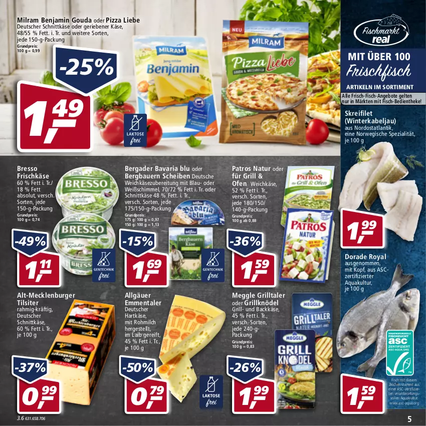 Aktueller Prospekt Real - von 16.05 bis 21.05.2022 - strona 5 - produkty: angebot, angebote, aqua, auer, Bau, Bauer, bavaria blu, bergader, bresso, burger, deutscher schnittkäse, Dorade, dorade royal, eis, emmentaler, filet, fisch, frischfisch, frischkäse, gouda, grill, hartkäse, Käse, Knödel, LG, meggle, milch, milram, natur, Ofen, patros, pizza, reis, Ria, rwe, schnittkäse, Spezi, Ti, Tilsiter, weichkäse