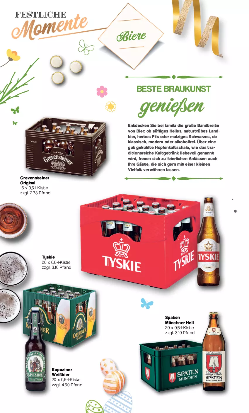 Aktueller Prospekt Famila - Prospekte - von 11.03 bis 30.03.2024 - strona 10 - produkty: alkohol, bier, Biere, Brei, decke, eier, elle, getränk, gin, grevensteiner, leine, malz, Mode, natur, pils, Schal, Schale, Spaten, steiner, Ti, tyskie