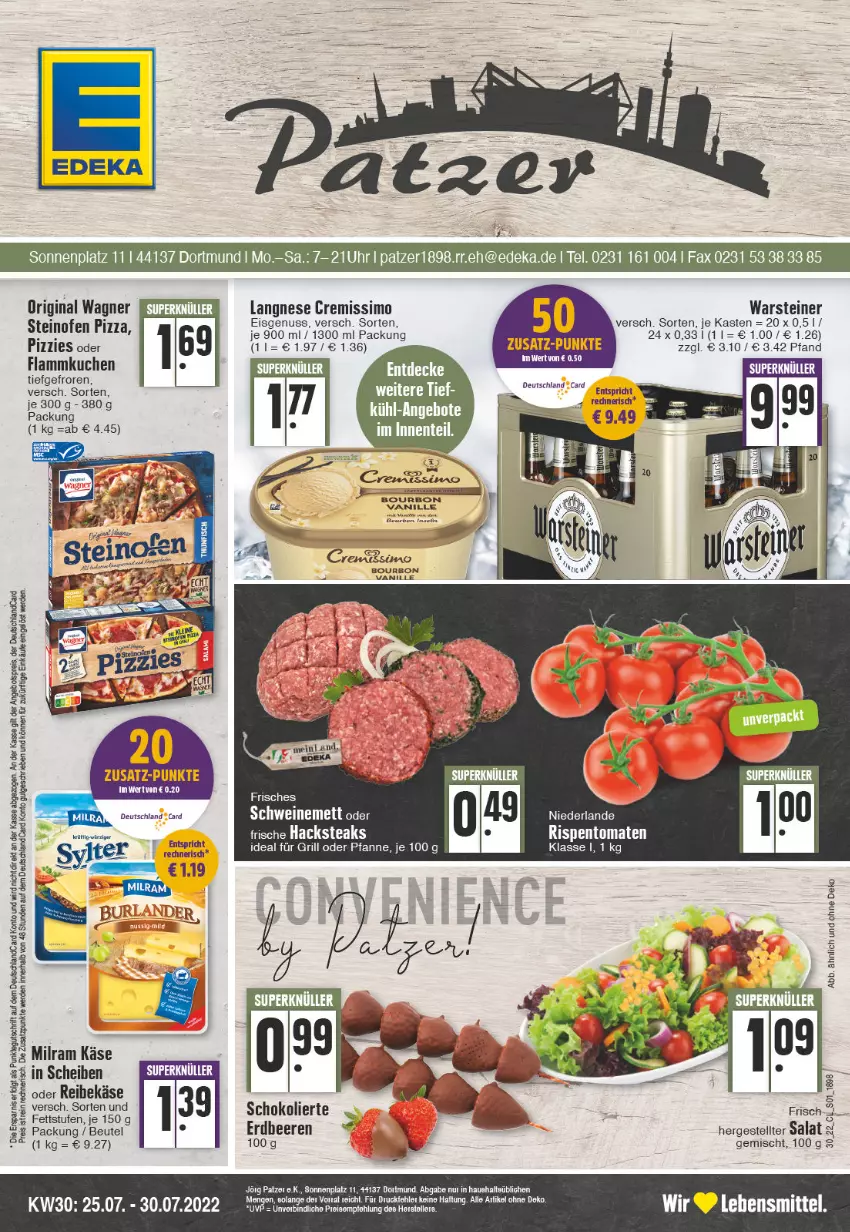 Aktueller Prospekt Edeka - Angebote der Woche - von 25.07 bis 30.07.2022 - strona 1 - produkty: angebot, angebotspreis, beere, beeren, beutel, cremissimo, deka, deutschland card, deutschlandcard, eis, ente, erdbeere, erdbeeren, erde, flammkuchen, gin, grill, ideal für grill, Käse, kuchen, lamm, langnese, langnese cremissimo, LG, milram, nuss, Ofen, original wagner, pfanne, pizza, Reibekäse, reis, rispentomaten, salat, schoko, sim, steak, steaks, steiner, steinofen, steinofen pizza, tee, Ti, tomate, tomaten, wagner, warsteiner