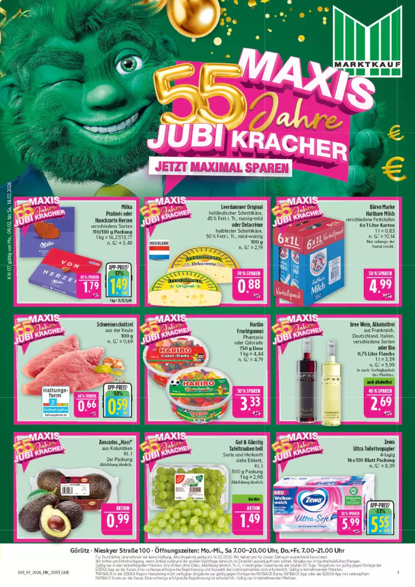 Aktueller Prospekt Marktkauf - Prospekt - von 08.02 bis 14.02.2026 - strona 1 - produkty: alkohol, bio, bree, eis, flasche, frucht, fruchtgummi, gin, halbfester schnittkäse, haltbare milch, haribo, holländischer schnittkäse, Käse, lamm, milch, milka, nuss, papier, reis, schnittkäse, schnitzel, schwein, schweine, schweineschnitzel, tafeltrauben, tee, Ti, toilettenpapier, trauben, uhr, wein, weine, zewa