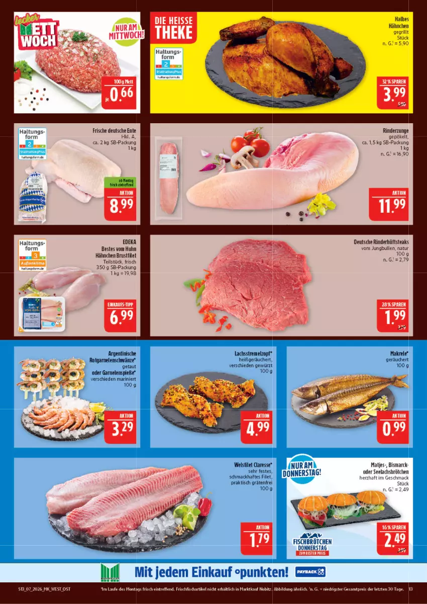 Aktueller Prospekt Marktkauf - Prospekt - von 08.02 bis 14.02.2026 - strona 13 - produkty: bismarck, brötchen, brustfilet, deka, eis, ente, filet, fisch, frischfisch, garnelen, gewürz, grill, hüftsteak, hüftsteaks, jungbullen, lachs, mac, Makrele, matjes, natur, reis, rel, rind, rinder, Rinderzunge, steak, steaks, Ti, tisch, Wels, ZTE