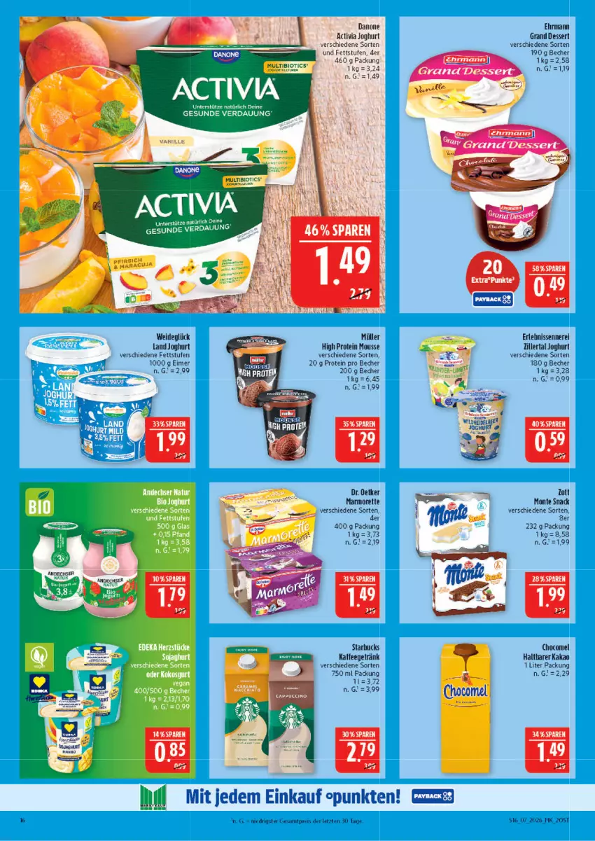 Aktueller Prospekt Marktkauf - Prospekt - von 08.02 bis 14.02.2026 - strona 16 - produkty: activia, activia joghurt, Bau, Becher, danone, dessert, Dr. Oetker, ehrmann, eimer, eis, getränk, joghur, joghurt, kaffee, kakao, maracuja, marmorette, monte, mousse, Müller, reis, snack, Ti, tuc, zott, ZTE