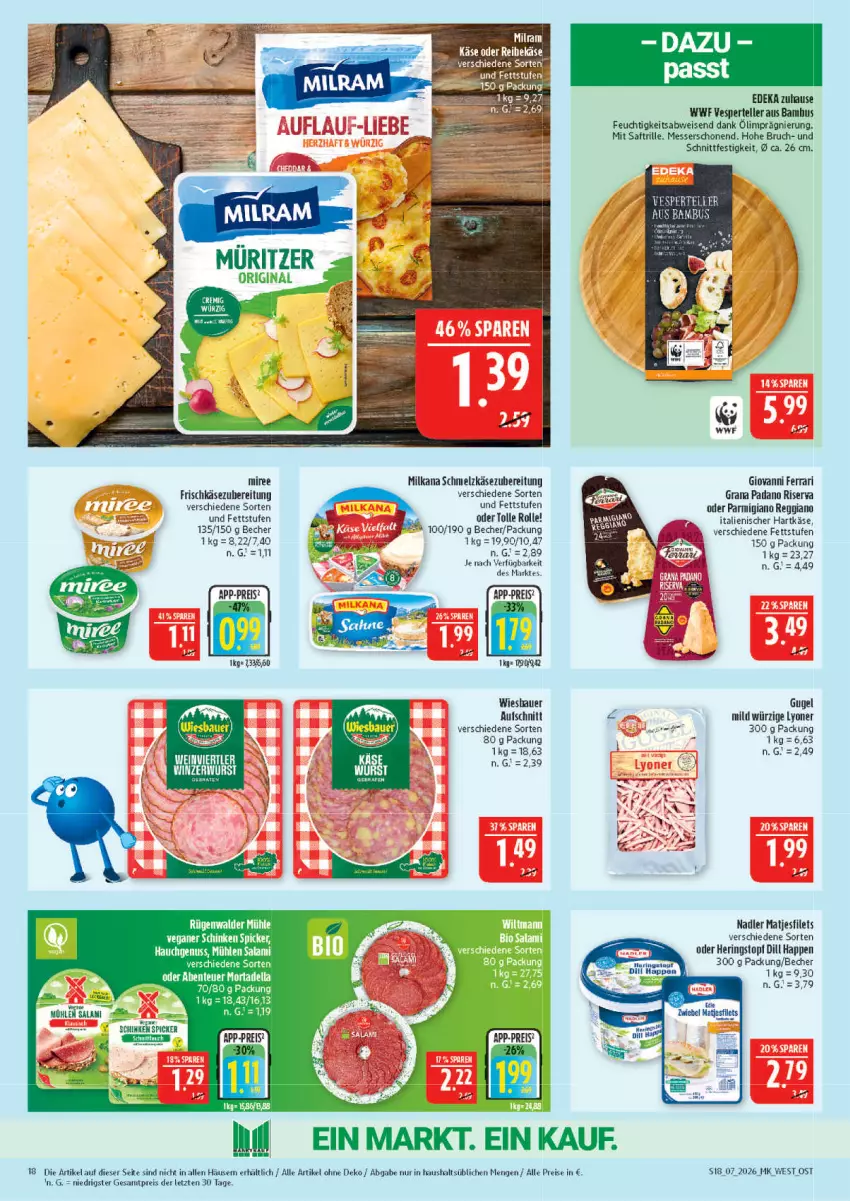 Aktueller Prospekt Marktkauf - Prospekt - von 08.02 bis 14.02.2026 - strona 18 - produkty: auer, aufschnitt, bambus, Becher, deka, eis, elle, filet, filets, frischkäse, frischkäsezubereitung, gin, hartkäse, hering, Herings, italienischer hartkäse, Käse, lyoner, matjes, Matjesfilet, matjesfilets, messer, milka, milkana, miree, nadler, nuss, padano, parmigiano, rama, reis, ring, saft, salami, Schmelzkäse, schmelzkäsezubereitung, teller, Ti, topf, wein, Yo, ZTE, zwiebel