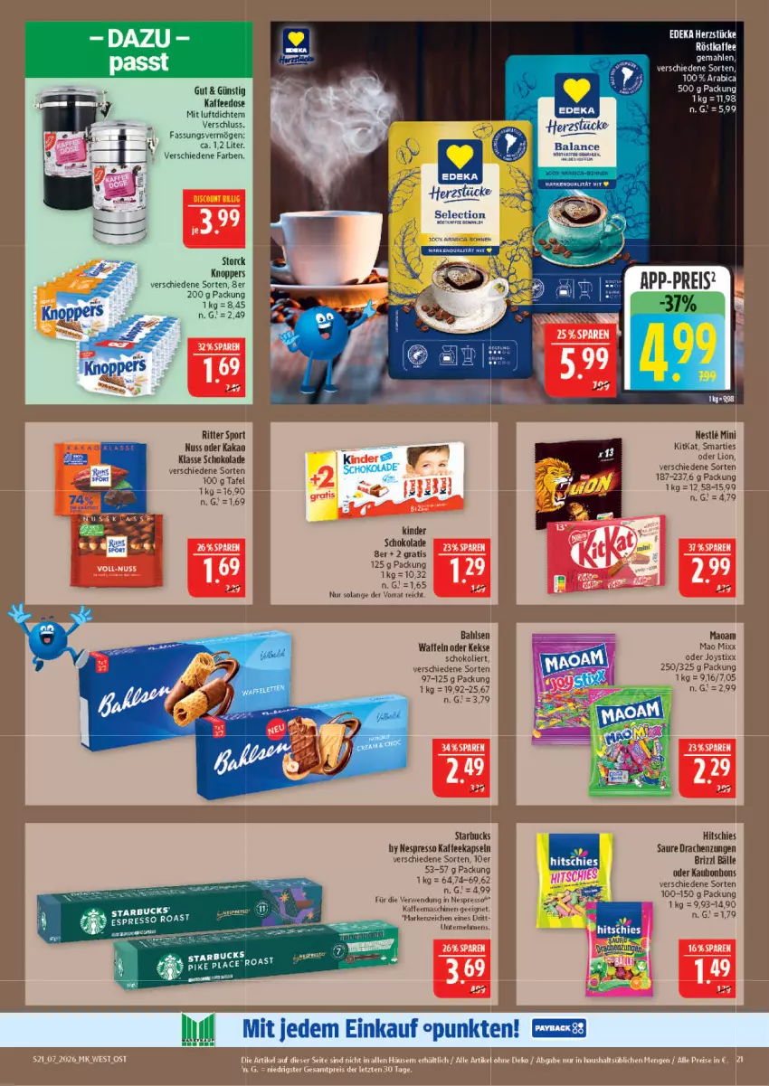 Aktueller Prospekt Marktkauf - Prospekt - von 08.02 bis 14.02.2026 - strona 21 - produkty: bahlsen, bonbons, deka, espresso, kaffee, kaffeekapseln, kaffeemaschine, kakao, keks, kekse, Kinder, kinder schokolade, kitkat, knoppers, lion, maoam, nespresso, nuss, ritter, ritter sport, rwe, schoko, schokolade, smarties, Sport, storck, tee, Ti, waffeln